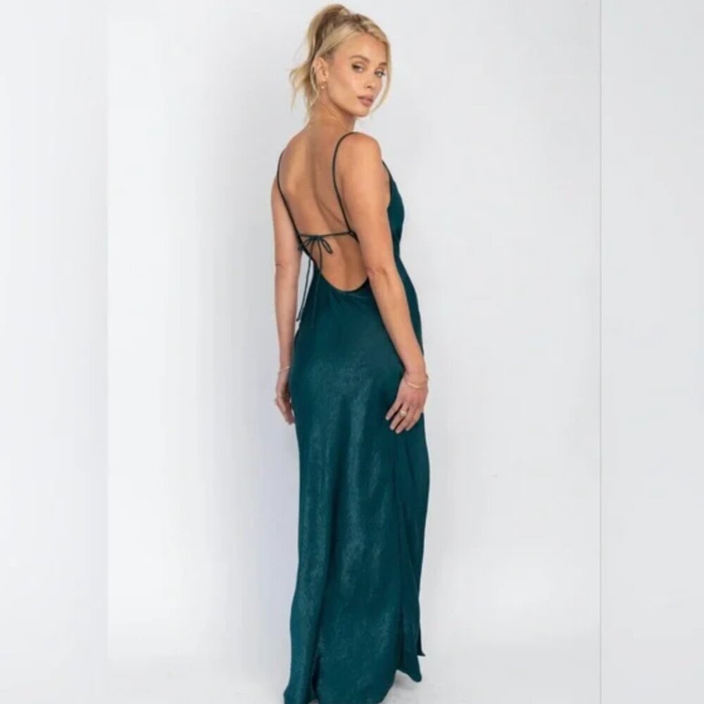 RESA Emerald Green Satin Maxi Dress with Side Slit - Picture 2 of 8